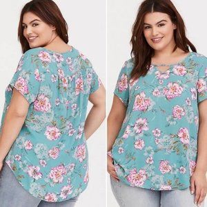 Torrid teal and pink floral keyhole georgette chiffon blouse size 0X